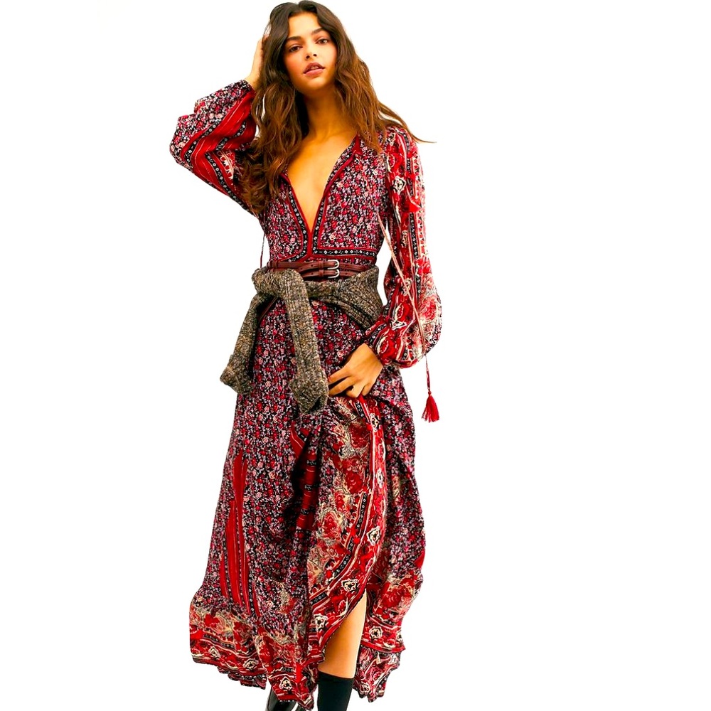 FREE PEOPLE Red Happy Feelings Midi/Maxi Dress XS Boho Floral Slit